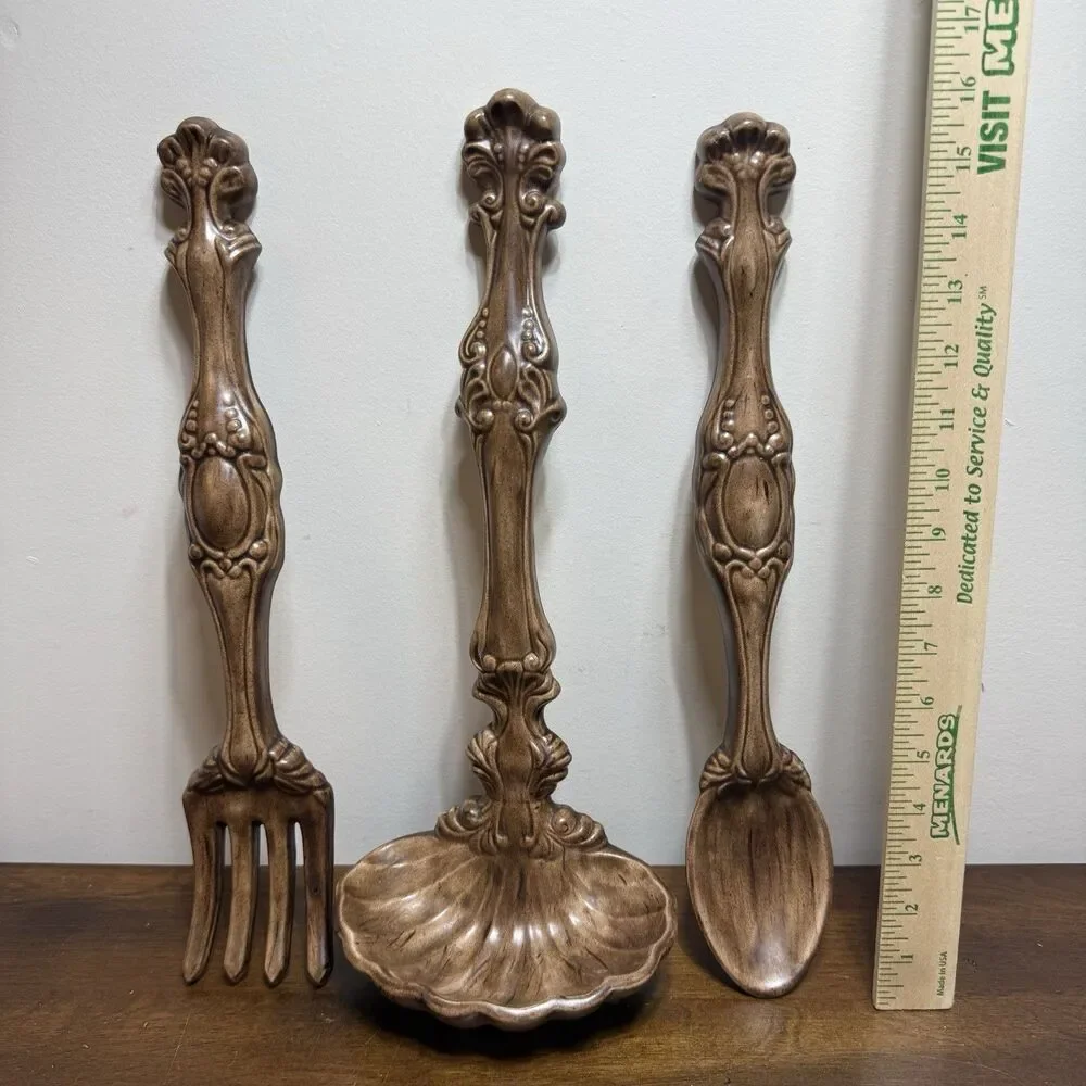 Vintage Ornate Large Spoon Fork Ladle Ceramic Wall Hang Kitchen Decor Set MCM 70
